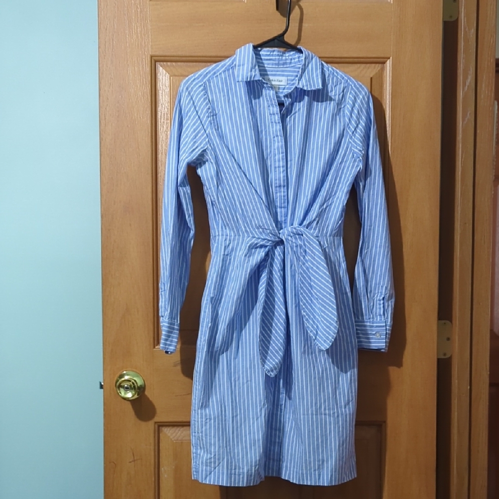 Calvin Klein Blue and White Long Sleeve Notched Collar Dress